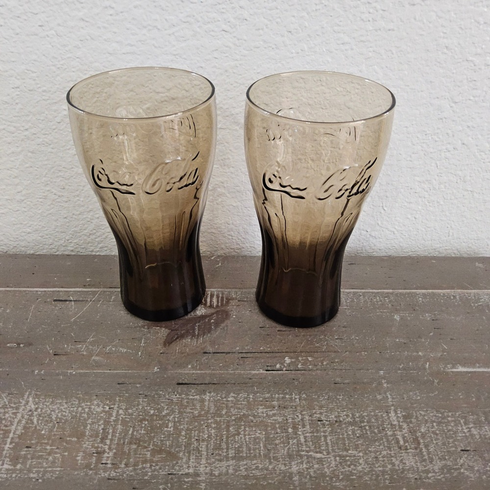 Vintage Coca-Cola Amber Smoke Glass Tumblers Set of 2 Coke Collectible